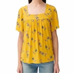 Lucky Brand Floral Yellow Womens Medium Top Square Neck Boho Casual Country